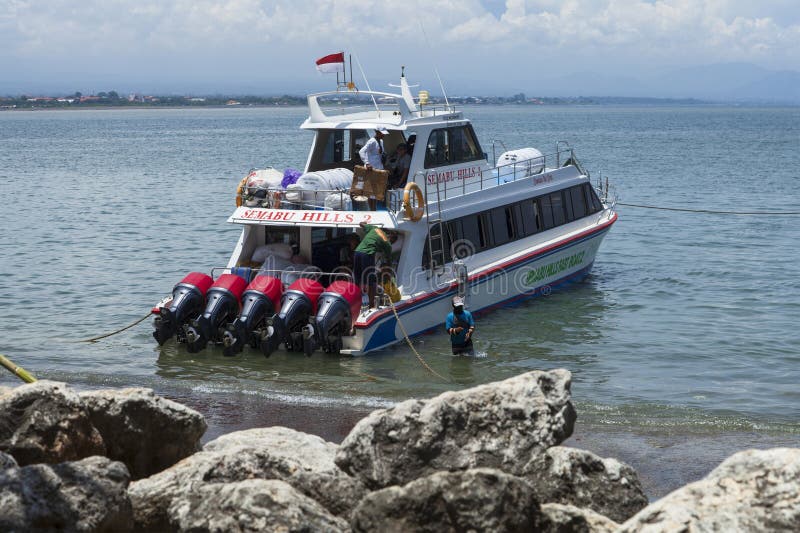 Fast ferry boat at Sanur Port in Sanur, Bali, Indonesia. stock photo