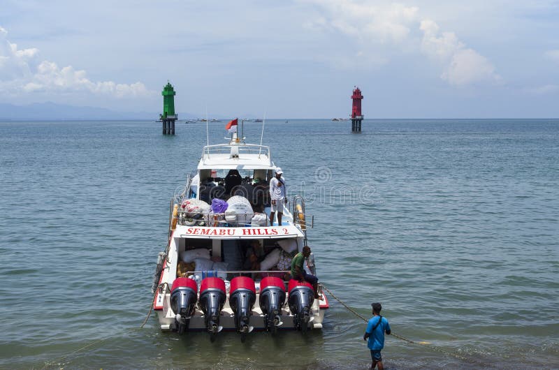 Fast ferry boat at Sanur Port in Sanur, Bali, Indonesia. stock images
