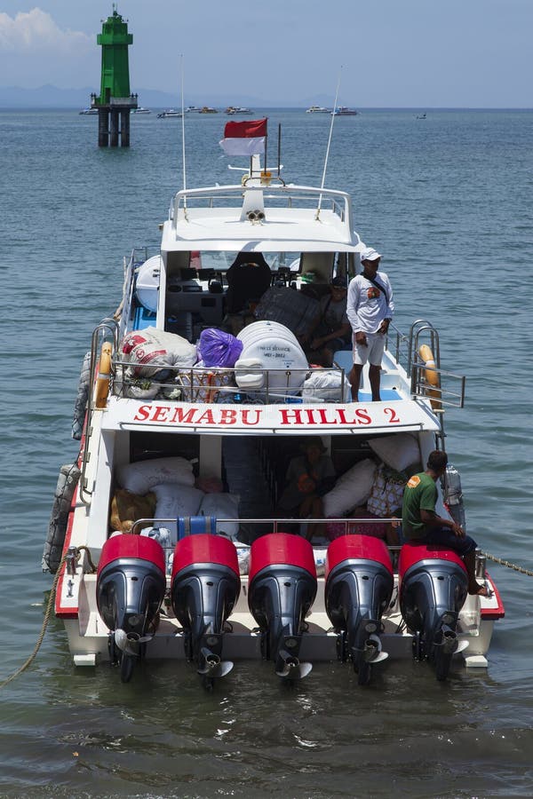Fast ferry boat at Sanur Port in Sanur, Bali, Indonesia. stock photo