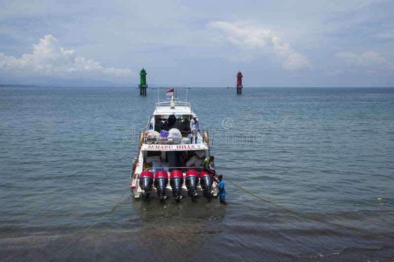 Fast ferry boat at Sanur Port in Sanur, Bali, Indonesia. stock images