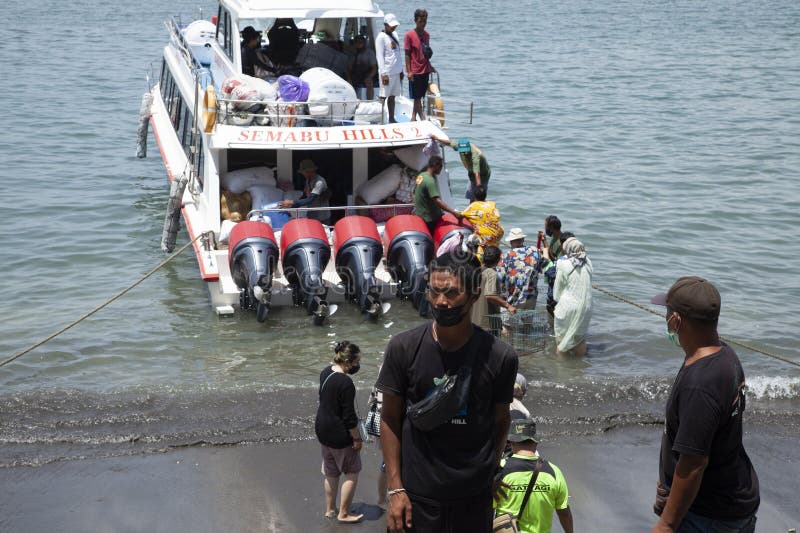 Fast ferry boat at Sanur Port in Sanur, Bali, Indonesia. stock photos