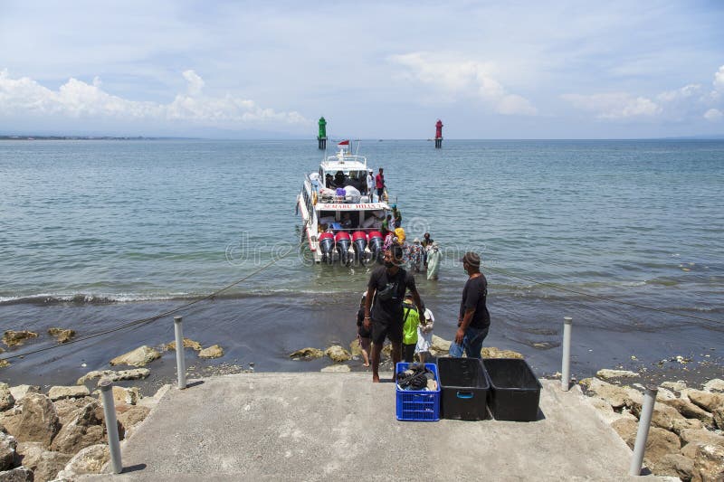 Fast ferry boat at Sanur Port in Sanur, Bali, Indonesia. royalty free stock images