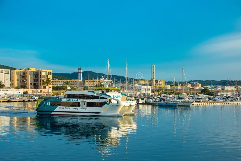 Fast ferry that covers the route Ibiza - Formentera stock image