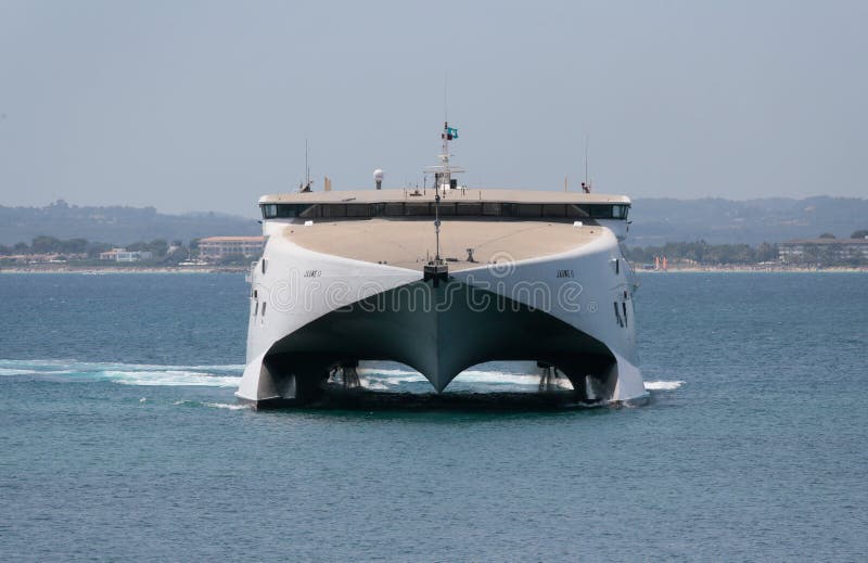 Fast ferry in mallorca front view stock photo