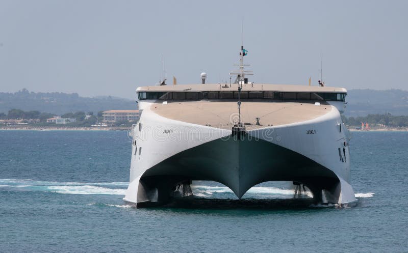 Fast ferry in mallorca front view stock images