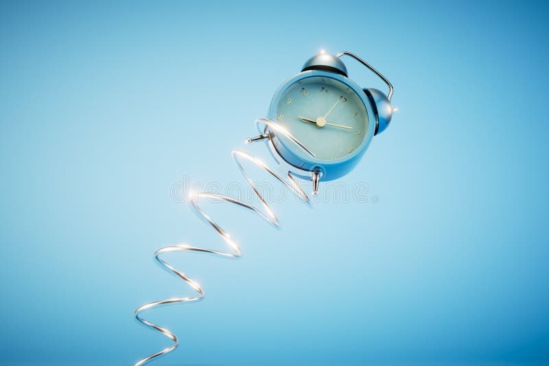 Fast-flying time. Alarm clock flying out on a spring on a blue background. 3D render royalty free illustration