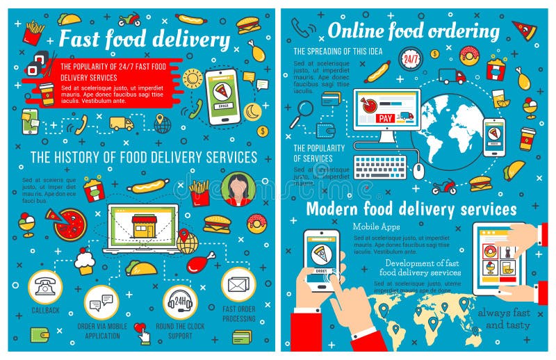 Fast food afastado e entrega infographic ilustração do vetor Fast food afastado e entrega infographic ilustração do vetor