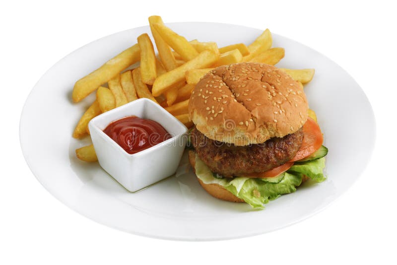 Hamburger With Fries And Ketchup Sauce Stock Photo Image Of Beef