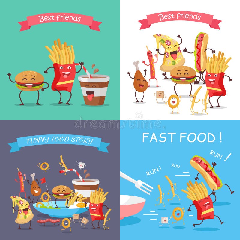 Fast Food Cartoon Characters Banner Set