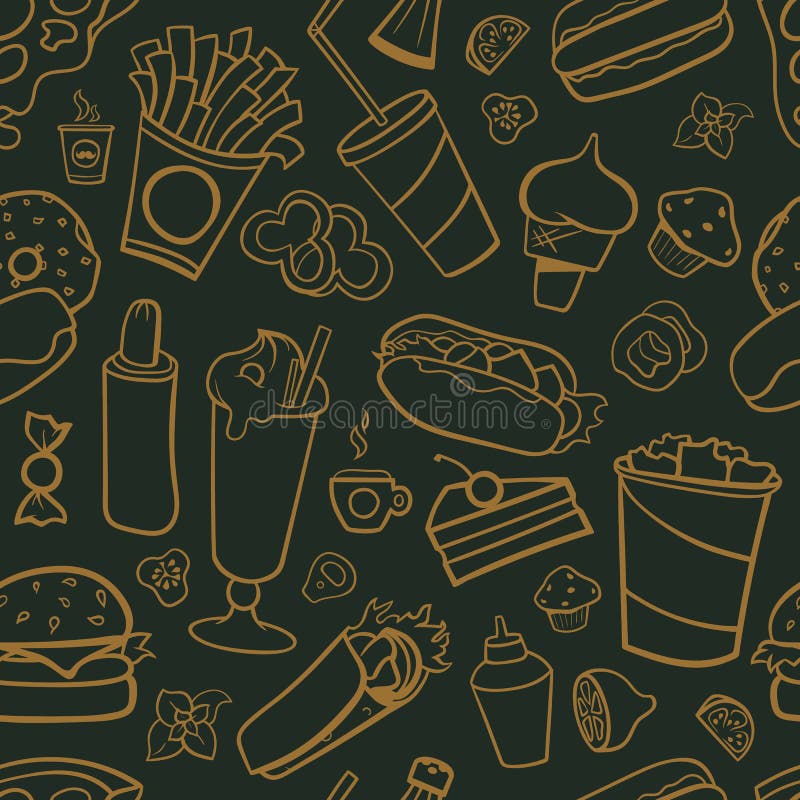 Fast Food Drawings Seamless Pattern. Line Arts with Dark Background