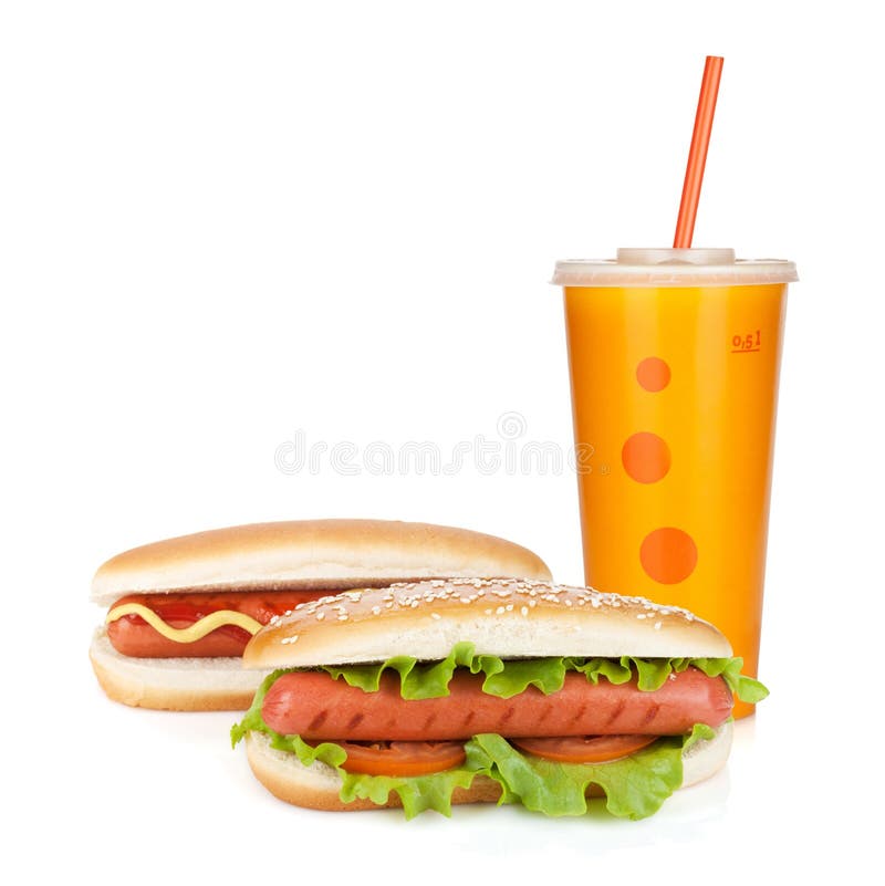 Fast food drink and two hot dogs stock image Fast food drink and two hot dogs stock image