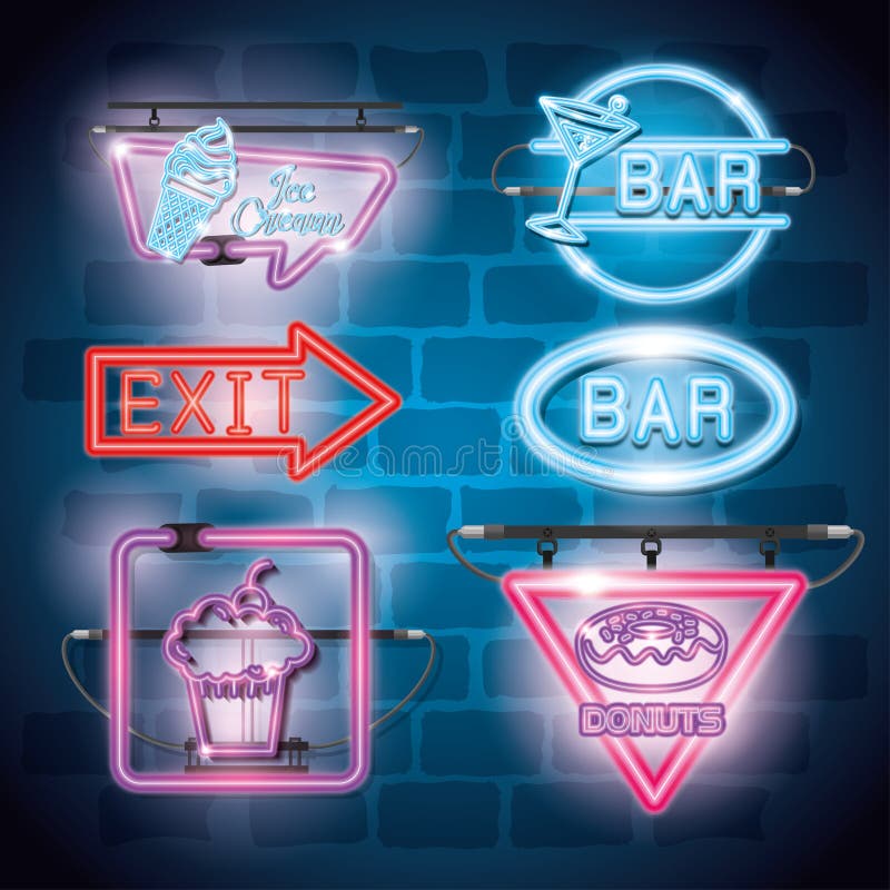 Fast food and drinks with neon lights icons