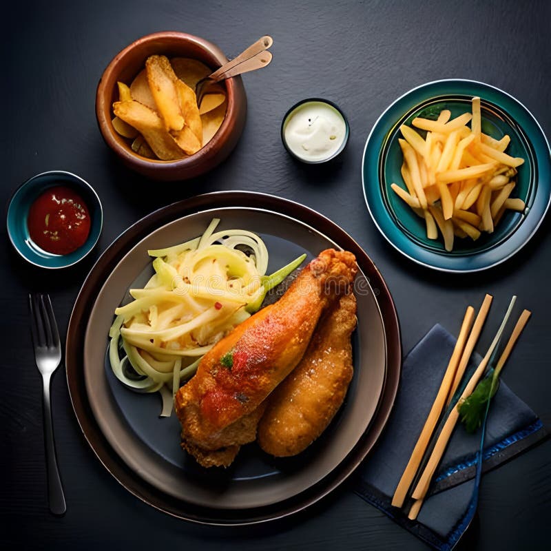Fast Food Fried Crispy and Spicy Chicken Legs, Wings and French Fries