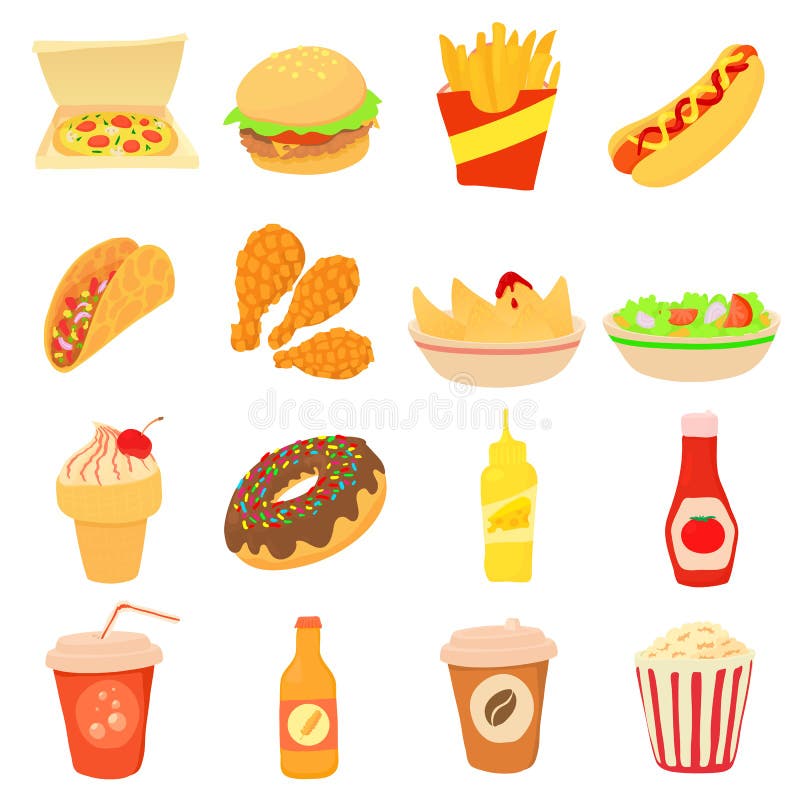 Fast Food Icons Set, Cartoon Style Stock Vector - Illustration of donut