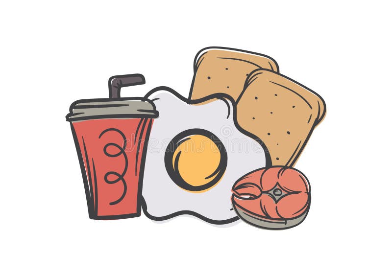 Fast food illustration. Breakfast concept. Vector editable image of fried eggs, toast, salmon and coffee royalty free illustration