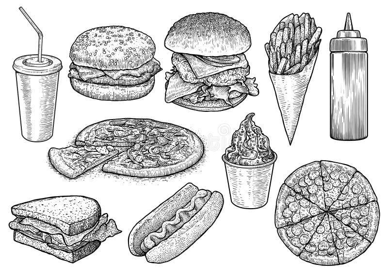 Fast Food Illustration, Drawing, Engraving, Ink, Line Art, Vector Stock Vector - Illustration of etching, fast: 113441431 Fast Food Illustration, Drawing, Engraving, Ink, Line Art, Vector Stock Vector - Illustration Of Etching, Fast: 113441431