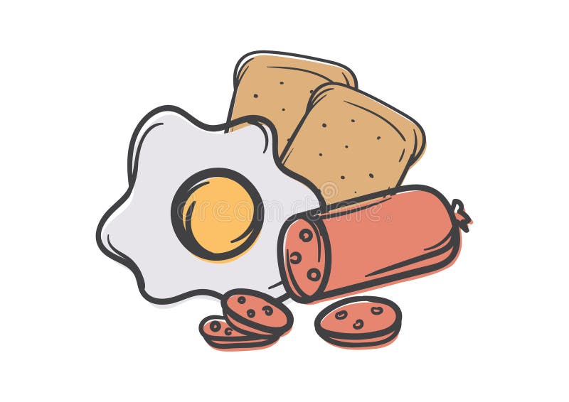 Fast food illustration. Junk food concept. Vector editable image of fried eggs, sausage and toast royalty free illustration