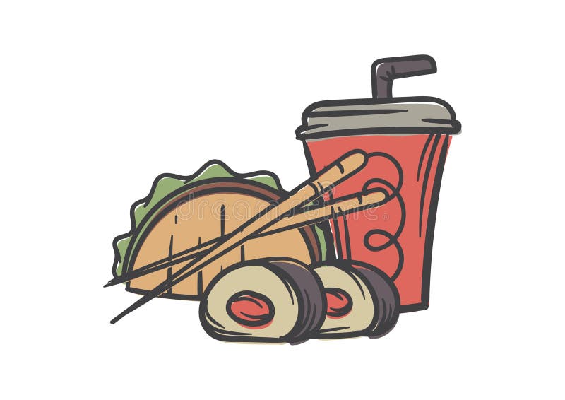 Fast food illustration. Junk food concept. Vector editable image of sushi, sandwich and soda vector illustration