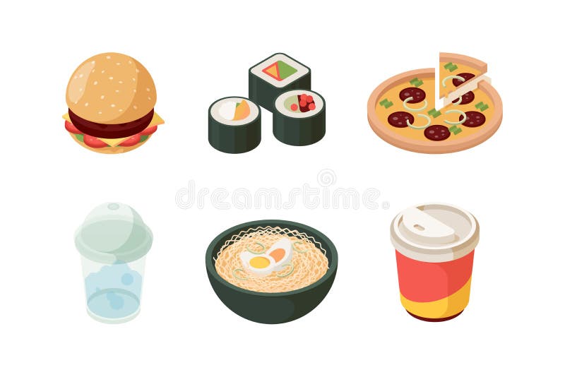Fast food isometric. Burger sushi pizza cold drinks hot dog donuts ice cream junk unhealthy food vector icon collection vector illustration Fast food isometric. Burger sushi pizza cold drinks hot dog donuts ice cream junk unhealthy food vector icon collection vector illustration