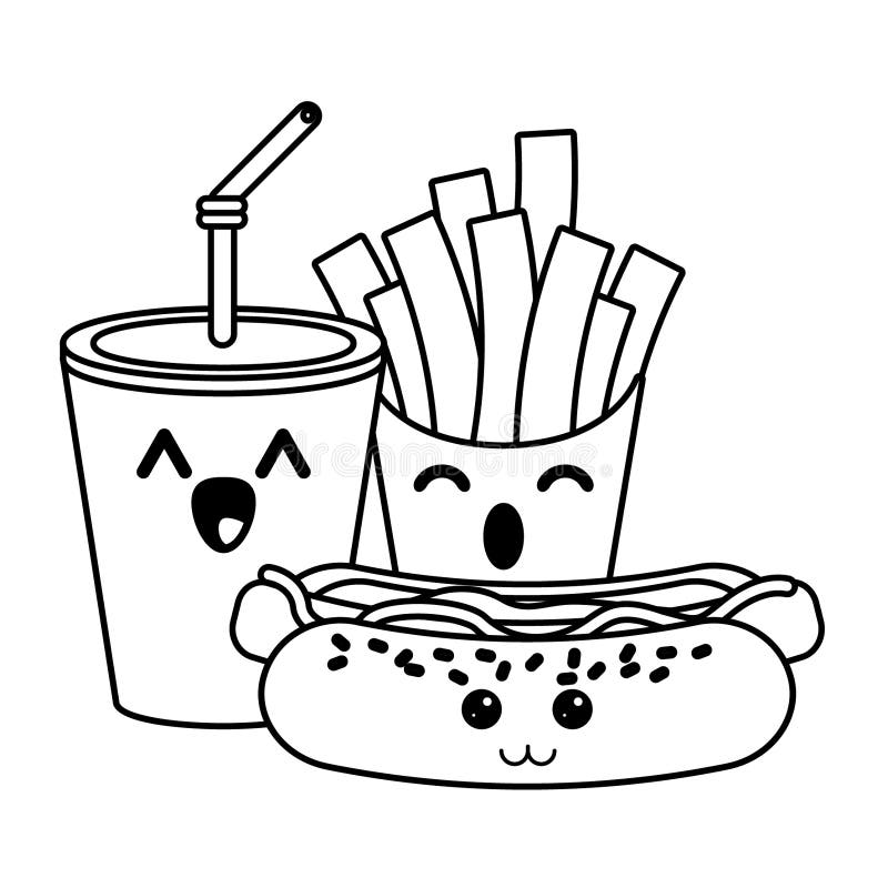 Fast Food Kawaii Cartoon in Black and White Stock Vector - Illustration of  cute, face: 142347712