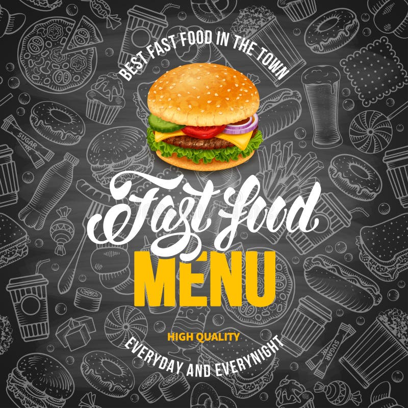 Fast Food Menu Template in Hand Drawn Doodle Style with Different Objects on Fast Food Theme. Chalkboard Design. Vector stock Illustration. French restaurant menu design template vectors