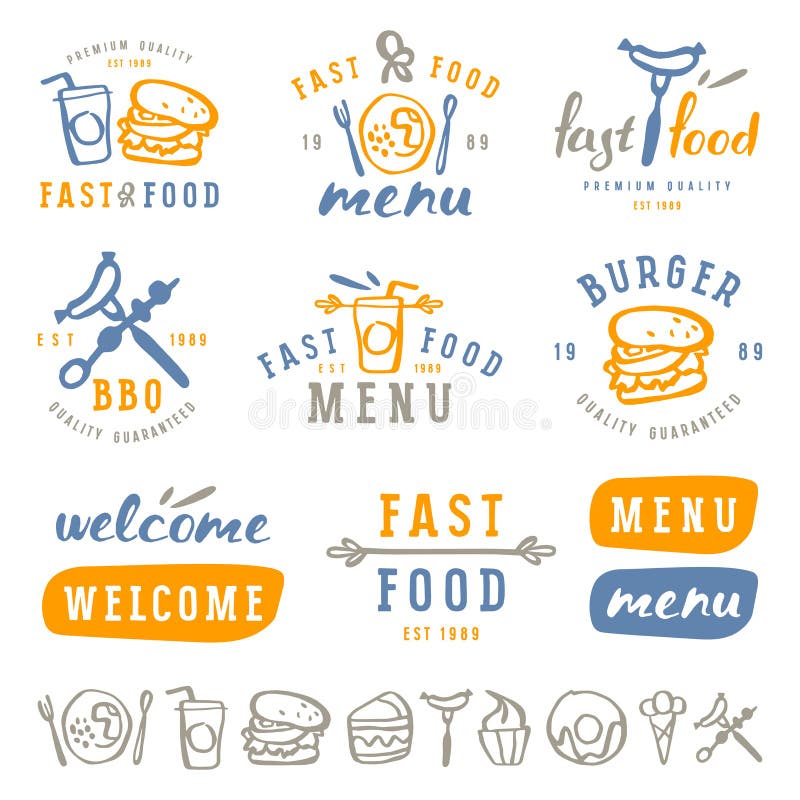 Fast food przylepia etykietkę szablon w szczotkarskiego rysunku stylu royalty ilustracja Fast food przylepia etykietkę szablon w szczotkarskiego rysunku stylu royalty ilustracja
