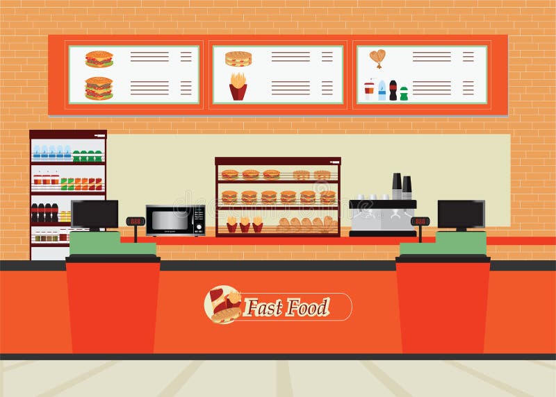 Fast food restaurant interior with hamburger and beverage. vector illustration
