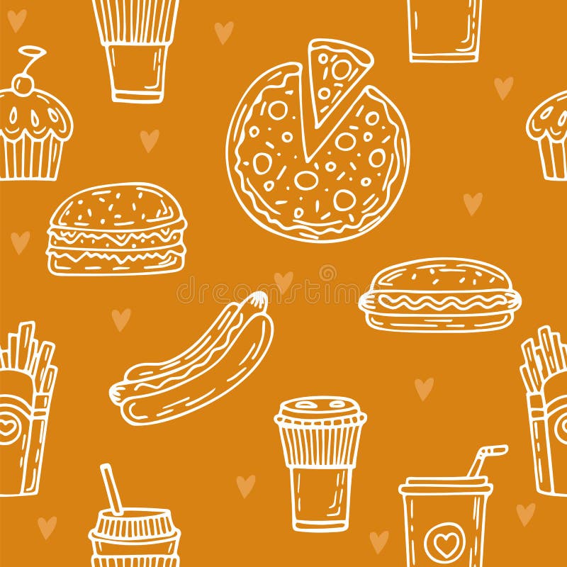Fast Food Seamless Pattern. Hand Drawn Food Background. Background Template  for Restaurant Design Stock Vector - Illustration of menu, delicious:  66167390
