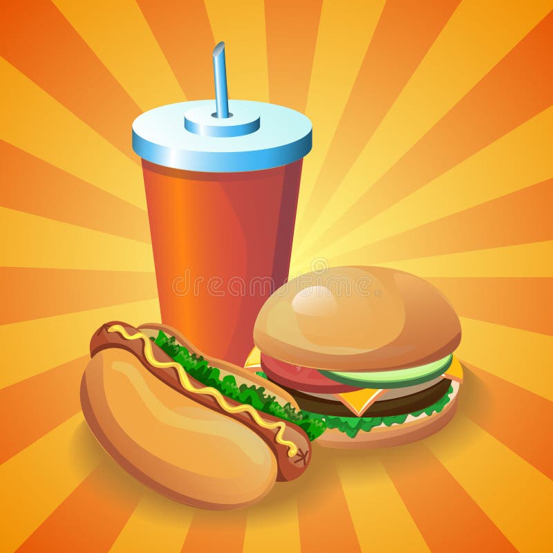 Fast food set: hot dog, burger, cola.