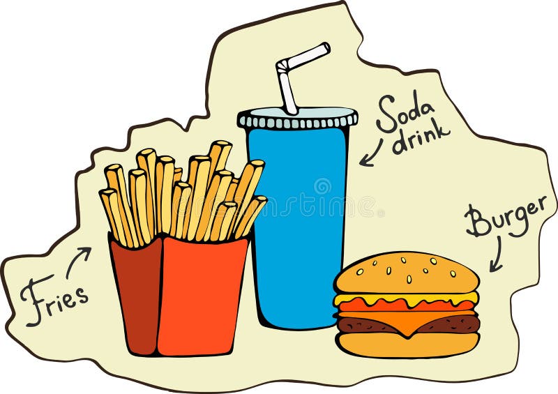 Fast food smaży, hamburger, sodowany napój - Wektorowa ilustracja ilustracja wektor Fast food smaży, hamburger, sodowany napój - Wektorowa ilustracja ilustracja wektor