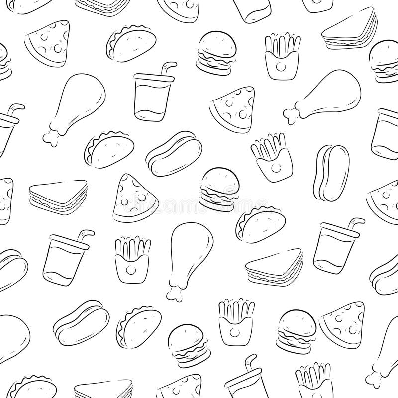 Fast Foods Doodle Seamless Doodle Pattern with a Black and White Color