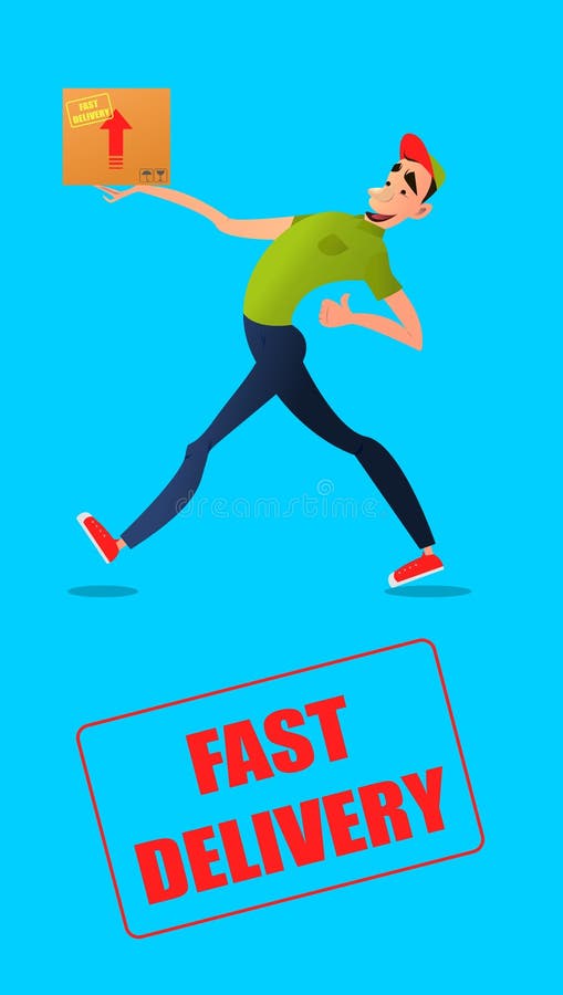 Fast free delivery. Courier runs with box on the order. Colorful characters in a flat style vector illustration