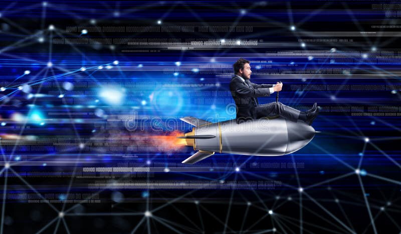 Fast internet concept with a businessman over a rocket stock photos Fast internet concept with a businessman over a rocket stock photos