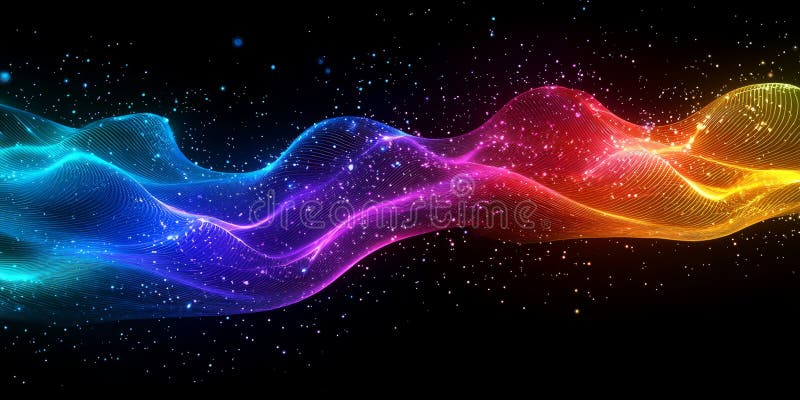 Fast-moving neon stripes creating a wave of rainbow colors with glowing particle effects royalty free stock image