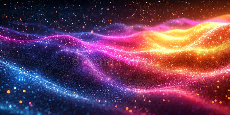 Fast-moving neon stripes creating a wave of rainbow colors with glowing particle effects stock photos