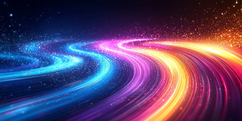 Fast-moving neon stripes creating a wave of rainbow colors with glowing particle effects royalty free stock photography