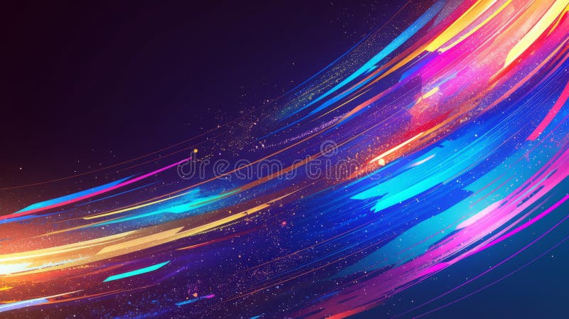 Fast-moving neon stripes creating a wave of rainbow colors with glowing particle effects stock photos