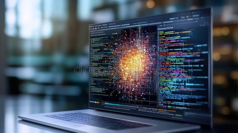 Exploring the Latest Digital Marketing Trends Through Innovative Laptop Designs and Colorful Visuals for Maximum Engagement royalty free illustration