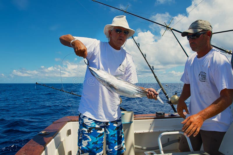 Fast tonfiskfisk för folk som ett bete för marlinfiske, på havet nära St Denis, Reunion Island arkivfoto Fast tonfiskfisk för folk som ett bete för marlinfiske, på havet nära St Denis, Reunion Island arkivfoto