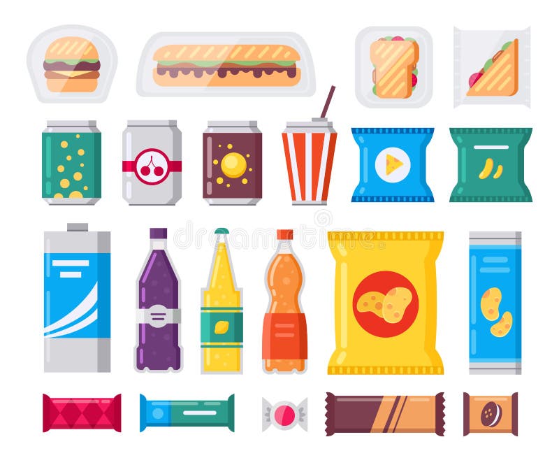Fasta food napój i przekąska pakujemy, wektorowe ikony ustawiać w mieszkanie stylu Vending produkty inkasowi Przekąski, napoje, u ilustracji Fasta food napój i przekąska pakujemy, wektorowe ikony ustawiać w mieszkanie stylu Vending produkty inkasowi Przekąski, napoje, u ilustracji