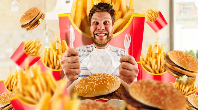 Fasta food pojęcie, mężczyzna i hamburgery z dłoniakami