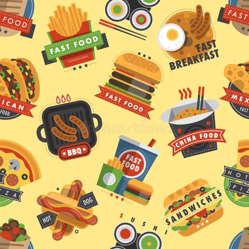 Fasta food restauracyjnego produktu tła posiłku bezszwowy deseniowy hamburger ilustracji Fasta food restauracyjnego produktu tła posiłku bezszwowy deseniowy hamburger ilustracji