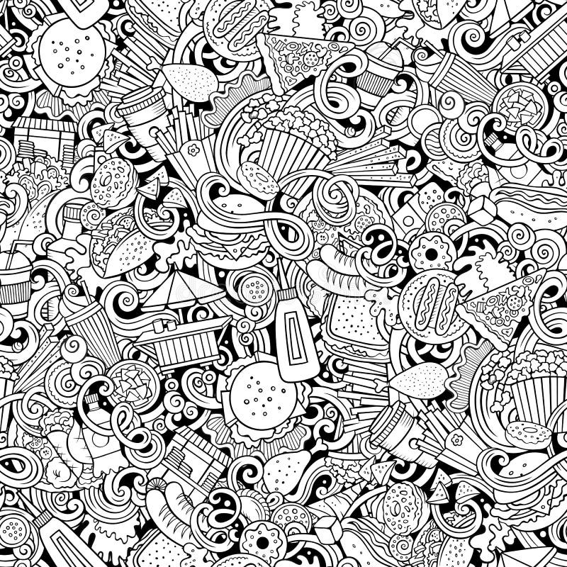 Fastfood Hand Drawn Doodles Seamless Pattern. Fast Food Background ...