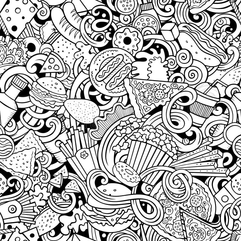 Fastfood Hand Drawn Doodles Seamless Pattern. Fast Food Background ...