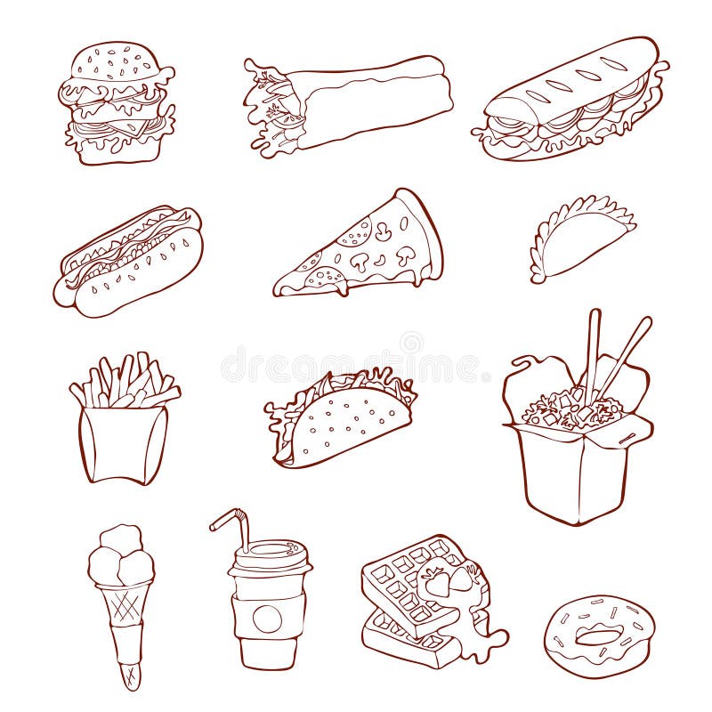 Fastfood pictogramreeks Hand getrokken schetsillustratie van straatvoedsel royalty-vrije illustratie Fastfood pictogramreeks Hand getrokken schetsillustratie van straatvoedsel royalty-vrije illustratie