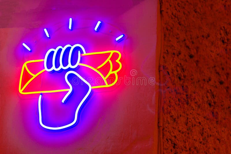 Fastfood sign neon kebab shawarma shaurma billboard. illuminated wall night