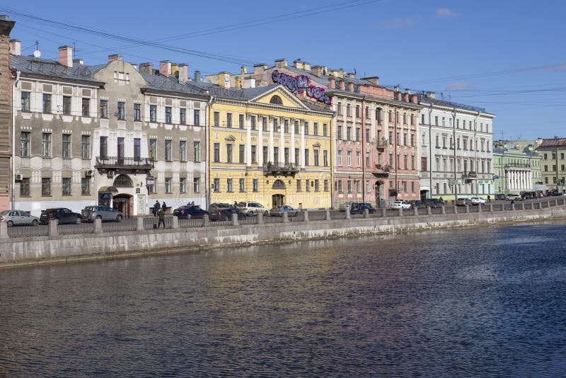 SAINT PETERSBURG, RUSSIA - MARCH 22, 2020: The embankment of the Fontanka River between Sennoy Market and Gorokhovaya Street on a sunny March day. SAINT PETERSBURG, RUSSIA - MARCH 22, 2020: The embankment of the Fontanka River between Sennoy Market and Gorokhovaya Street on a sunny March day