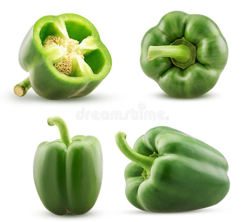 Fastställd grön spansk peppar klippte i halvt, helt arkivfoton