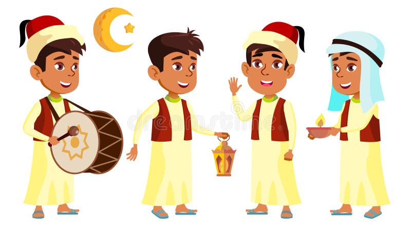 Fastställd vektor för arabisk muslimsk pojkeskolpojkeunge Barn som firar Ramadan Kareem Aktivt gulligt barn Svart tavla avläggand vektor illustrationer Fastställd vektor för arabisk muslimsk pojkeskolpojkeunge Barn som firar Ramadan Kareem Aktivt gulligt barn Svart tavla avläggand vektor illustrationer