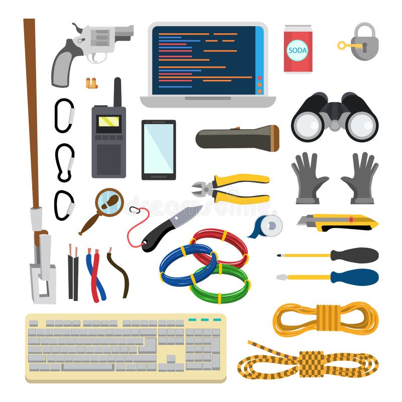 Fastställd vektor för en hackersymboler Tjuv Accessories Socialt nätverk för dataintrånginternet Avbrott som anfaller Plan teckna vektor illustrationer Fastställd vektor för en hackersymboler Tjuv Accessories Socialt nätverk för dataintrånginternet Avbrott som anfaller Plan teckna vektor illustrationer